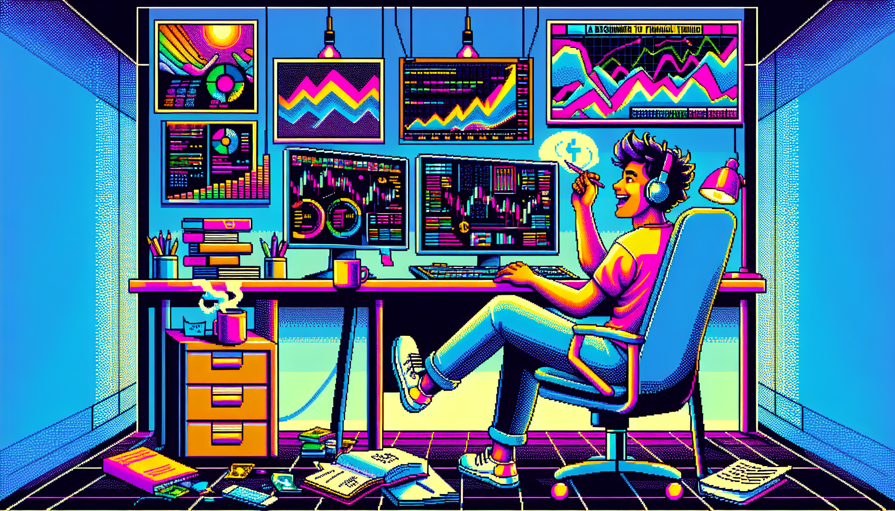 Create an image showing an enthusiastic young person sitting at a desk with multiple computer monitors displaying Binance's margin trading interface. The room is modern and well-lit, with a large poster on the wall that reads 'A Beginner's Guide to Binance Margin Trading'. The scene should convey excitement and focus, as the person studies charts and financial data. Include elements like coffee, notepads, and books to emphasize the learning process.