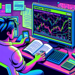 Create an image depicting a beginner trader learning about margin trading using the Bybit platform. The scene should include a computer screen displaying the Bybit interface with various trading charts and tools. The trader should be holding a beginner's guide book on margin trading, with expressions of curiosity and focus. The background could feature other financial tools like a calculator, notes, and a cup of coffee, indicating a learning environment.