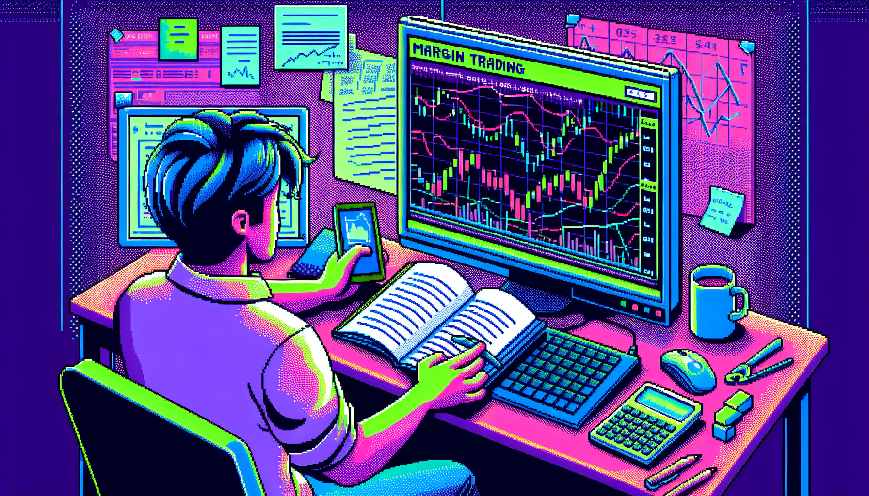 Create an image depicting a beginner trader learning about margin trading using the Bybit platform. The scene should include a computer screen displaying the Bybit interface with various trading charts and tools. The trader should be holding a beginner's guide book on margin trading, with expressions of curiosity and focus. The background could feature other financial tools like a calculator, notes, and a cup of coffee, indicating a learning environment.