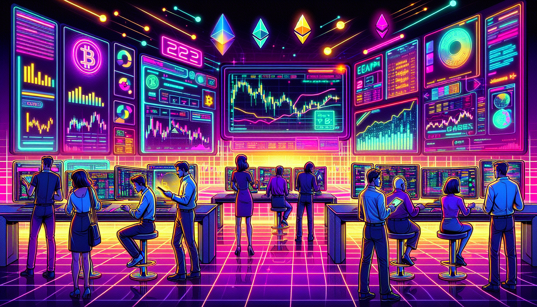 Create an image that depicts a futuristic trading platform with advanced technology interfaces and holograms for the year 2023. Show a diverse group of traders analyzing cryptocurrency market data with highly sophisticated tools. Include elements like charts, graphs, and crypto coin symbols like Bitcoin and Ethereum. The atmosphere should exude high-tech sophistication and dynamic trading energy, highlighting the cutting-edge features of the best crypto leverage trading platforms available in 2023.