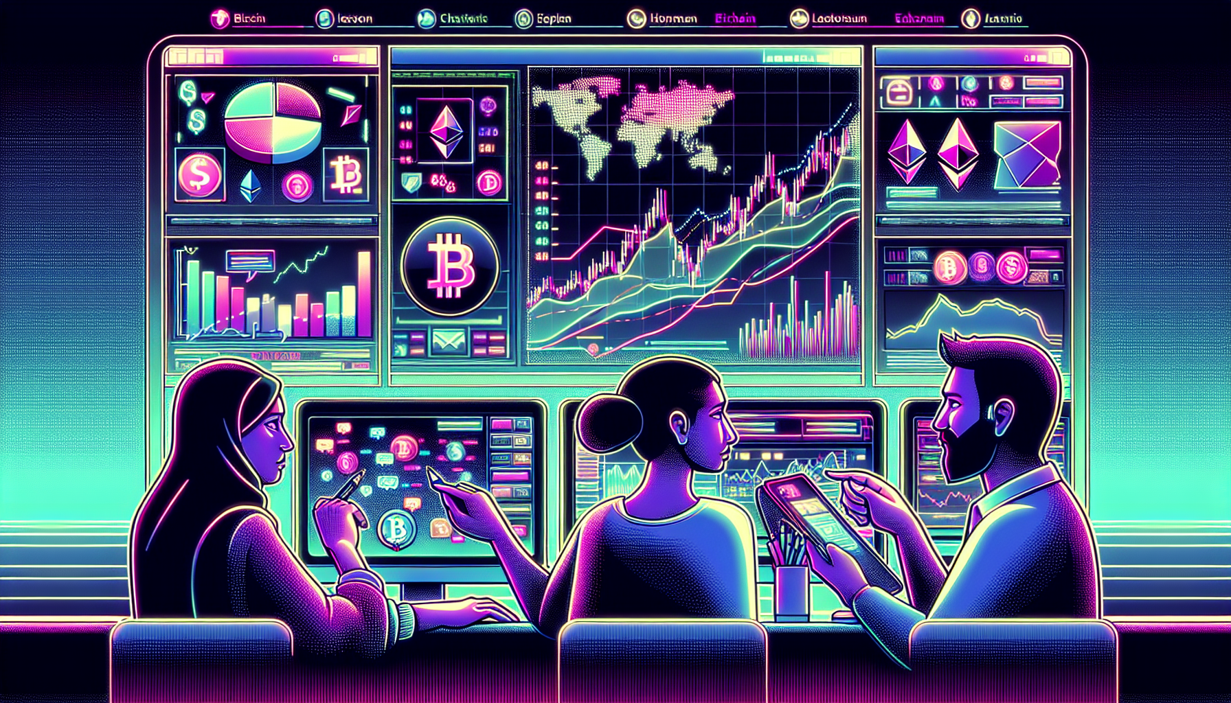 Create an image that showcases a modern, sleek interface of a cryptocurrency leverage trading platform with charts, graphs, and trading options visible. Include elements like Bitcoin, Ethereum, and other popular cryptocurrencies’ logos. Depict people engaging in trading activities, appearing focused and analytical, set against a digital financial backdrop. The setting should be a high-tech environment, emphasizing innovation and the fast-paced nature of crypto trading.