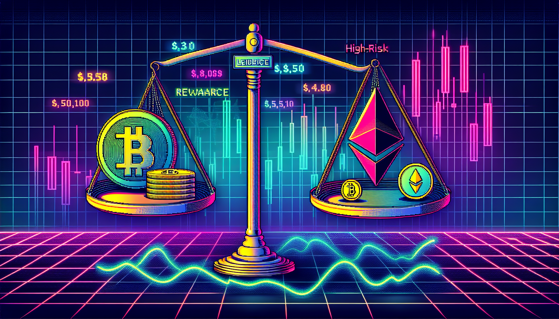 Create an image that illustrates the concept of trading cryptocurrency with leverage. Depict a balance scale with Bitcoin and Ethereum on one side, representing the potential rewards, and a high-risk warning symbol on the other side, representing the risks. In the background, show fluctuating charts and graphs to signify market volatility. The scene should have a modern, digital feel, with elements of both excitement and caution.