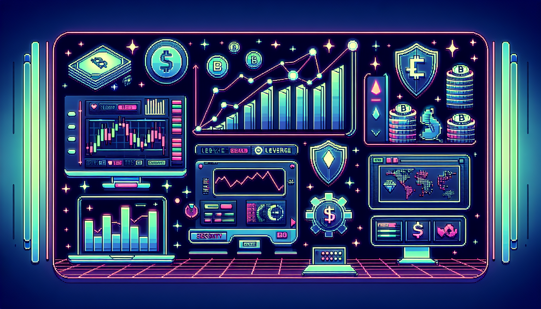 Create an image depicting the concept of a top-rated crypto trading platform with high leverage. Show a sophisticated interface displaying various cryptocurrencies, charts, and leverage options. Incorporate elements that convey security and ease of use, such as a shield icon and sleek, user-friendly design, with a background that suggests a high-tech, futuristic trading environment.