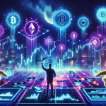 Create an image that depicts various methods of leveraging cryptocurrency for financial gains. Include elements such as a futuristic digital cityscape with glowing blockchain networks, crypto coins (like Bitcoin, Ethereum, and others) floating around, a person analyzing charts on multiple screens, decentralized finance applications, and symbols of financial growth like upward trending graphs and dollar signs. Make the scene dynamic, vibrant, and cutting-edge to reflect the innovative nature of cryptocurrency investments.