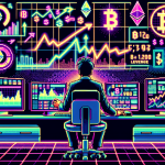 Create an image illustrating the concept of maximizing gains in crypto trading with leverage: a digital trader at a desk, surrounded by multiple screens displaying cryptocurrency charts and data, with glowing numbers and graphs indicating high leverage. The background should include abstract representations of upward-trending graphs and various cryptocurrency symbols like Bitcoin and Ethereum, all contributing to an atmosphere of high energy and focused determination.