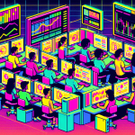 Create an illustration of a diverse group of individuals at computers, engaged in margin trading for cryptocurrencies. The scene should include a variety of crypto icons, charts displaying market trends, and elements that convey both the educational and high-stakes nature of margin trading. Include a background that mixes elements of a modern classroom and a trading floor, emphasizing the concept of 'learning by doing.'