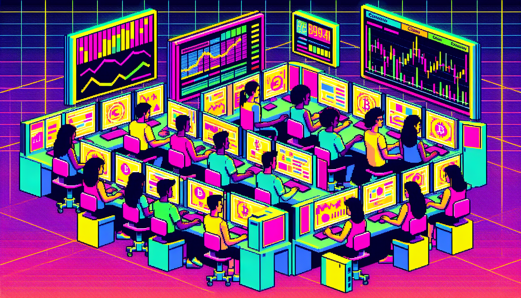 Create an illustration of a diverse group of individuals at computers, engaged in margin trading for cryptocurrencies. The scene should include a variety of crypto icons, charts displaying market trends, and elements that convey both the educational and high-stakes nature of margin trading. Include a background that mixes elements of a modern classroom and a trading floor, emphasizing the concept of 'learning by doing.'