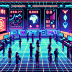 Create an illustration depicting a futuristic trading floor with digital screens displaying various cryptocurrency symbols and market trends. The scene should include traders using advanced holographic interfaces and wearables, emphasizing the high-tech nature of crypto margin trading. Prominent signs or logos of major exchanges like Binance, Bitfinex, Kraken, and Bybit should be visible. The year 2023 can be subtly integrated into the background to indicate the modern setting.