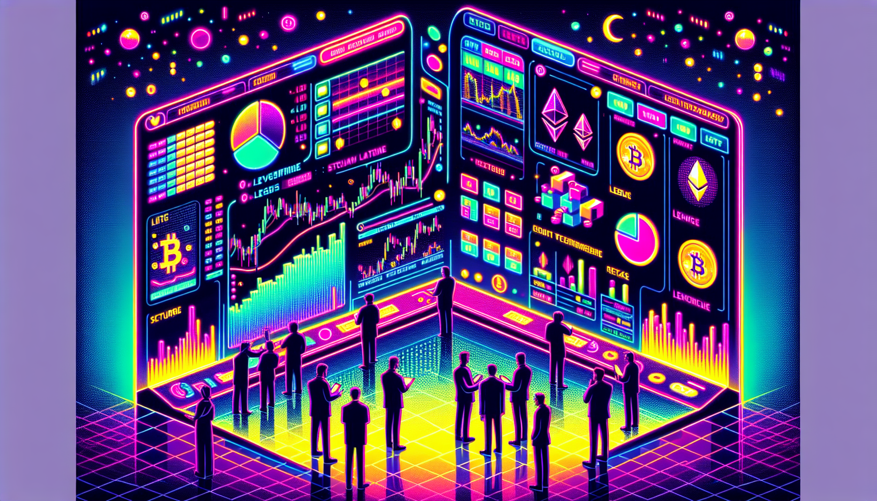 Create an image illustrating a futuristic digital trading platform for cryptocurrency exchange. The scene should include advanced graphical interfaces with charts, data analytics, and various cryptocurrency icons like Bitcoin, Ethereum, and more. The environment should have a high-tech, sleek design with a focus on security and efficiency. Traders should be seen interacting with the platform, emphasizing the leverage aspect with clear indicators of profit and risk management tools.