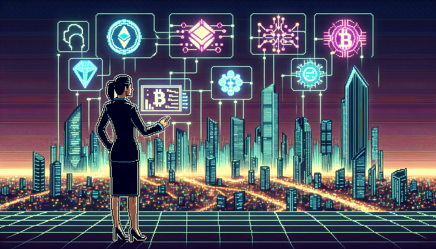 Create an image of a futuristic city skyline with prominent, glowing logos of top US crypto exchanges. In the forefront, display a professional-looking person interacting with a large digital screen showing charts and graphs, symbolizing leverage options in cryptocurrency trading. The scene should convey advanced technology, finance, and innovation.