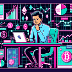 Create an image that represents 'Understanding Crypto Margin' for beginners: an educational infographic showing a friendly, illustrated cryptocurrency trader at his desk, with charts displaying margin trading concepts, such as leverage, risk, and reward. Include symbols representing popular cryptocurrencies, such as Bitcoin and Ethereum, and use vibrant, engaging colors to make the topic accessible and interesting for novices.