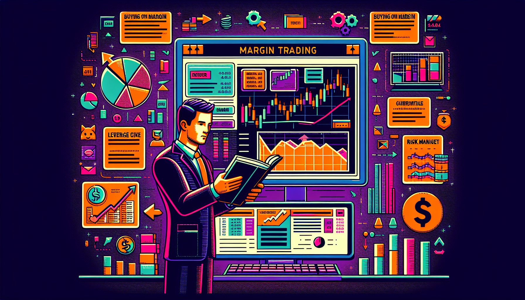 Prompt: An infographic-style illustration depicting the key elements of FTX margin trading. The image should include a stylized computer screen showing the FTX trading platform with charts, graphs, and margin indicators. Next to the screen, a trader is studying a guidebook labeled FTX Margin Trading with highlighted sections. Arrows and icons illustrate concepts such as leverage, buying on margin, and risk management. The background features financial symbols and tools to emphasize the trading environment.