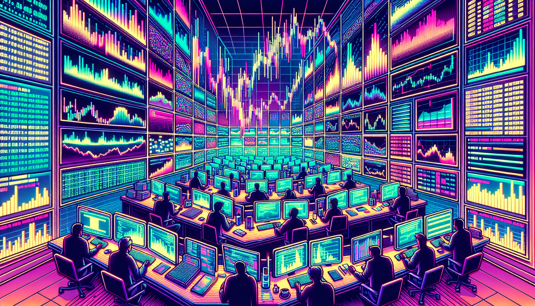 Create an image depicting a dynamic scene of leverage trading in the cryptocurrency markets. Include elements such as rising and falling charts, digital currencies like Bitcoin and Ethereum, traders analyzing graphs on computer screens, and a visually striking balance scale symbolizing leverage. The atmosphere should be intense and fast-paced, mirroring the high-stakes nature of leverage trading.