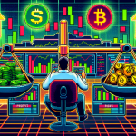 Create an image that visually explains margin crypto trading and balances its risks and rewards. Include elements like a balance scale with crypto coins on one side and a warning sign on the other. Show a trader in the middle considering both sides while looking at charts and financial data on multiple screens. Use a modern, high-tech background with a mix of green (profit) and red (loss) highlights to emphasize the volatility and potential outcomes of margin trading in cryptocurrencies.