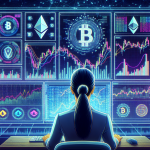 Create an image that depicts a modern financial trading platform with cryptocurrency symbols like Bitcoin and Ethereum prominently displayed. Show a trader analyzing complex graphs and leverage charts on multiple monitors. Include elements like candlestick charts, balance sheets, and futuristic data visualization. The setting should convey a blend of cutting-edge technology and financial sophistication.