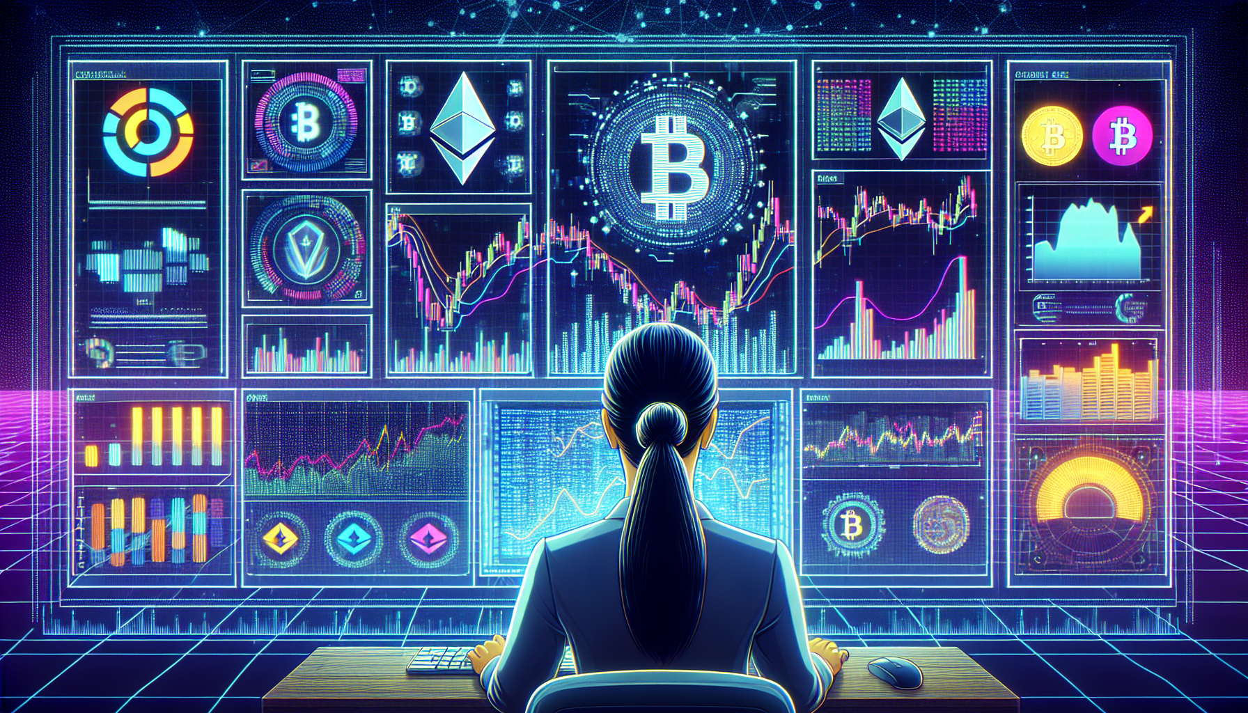 Create an image that depicts a modern financial trading platform with cryptocurrency symbols like Bitcoin and Ethereum prominently displayed. Show a trader analyzing complex graphs and leverage charts on multiple monitors. Include elements like candlestick charts, balance sheets, and futuristic data visualization. The setting should convey a blend of cutting-edge technology and financial sophistication.