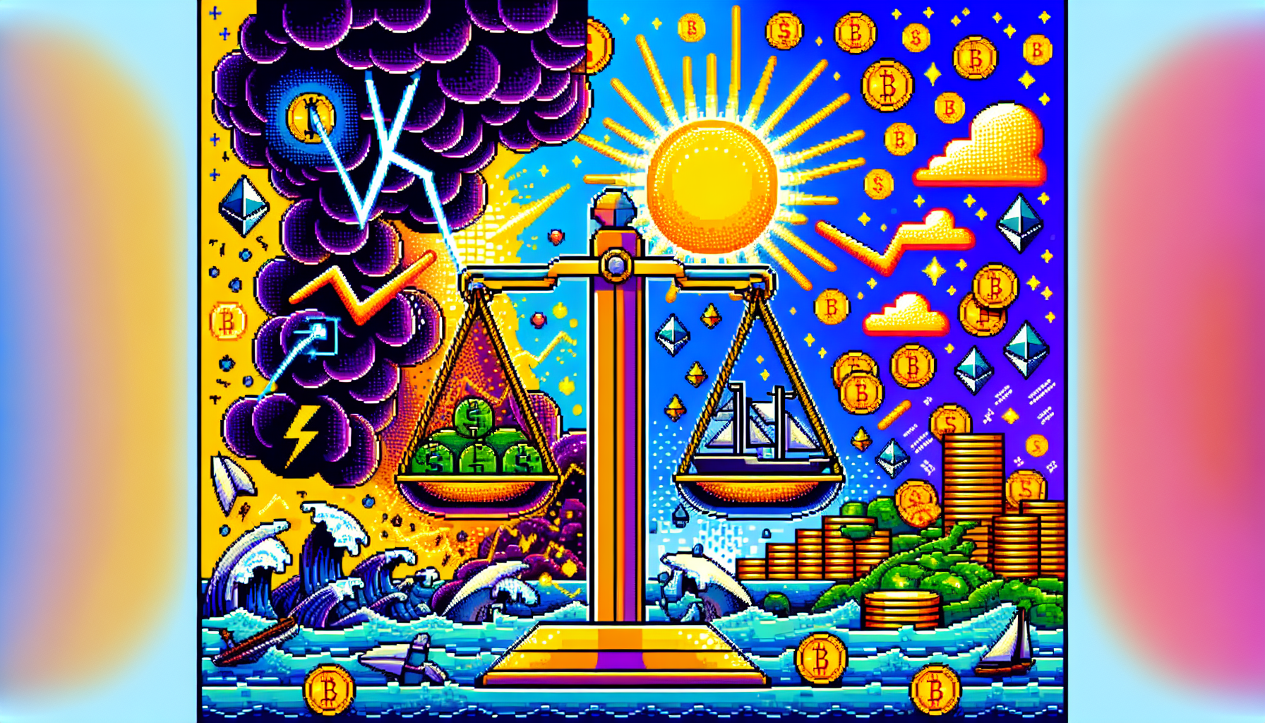 Create an image that illustrates the concept of crypto leverage trading, showing a balanced scale with one side labeled Risk and the other side labeled Reward. On the Risk side, depict a turbulent storm with lightning, sinking ships, and broken dollar signs, symbolizing the potential dangers and financial losses. On the Reward side, depict a sunny sky with upward-trending graphs, stacks of coins, and happy investors, symbolizing potential gains and financial success. The background should feature various cryptocurrency symbols like Bitcoin and Ethereum, to signify the crypto market context.