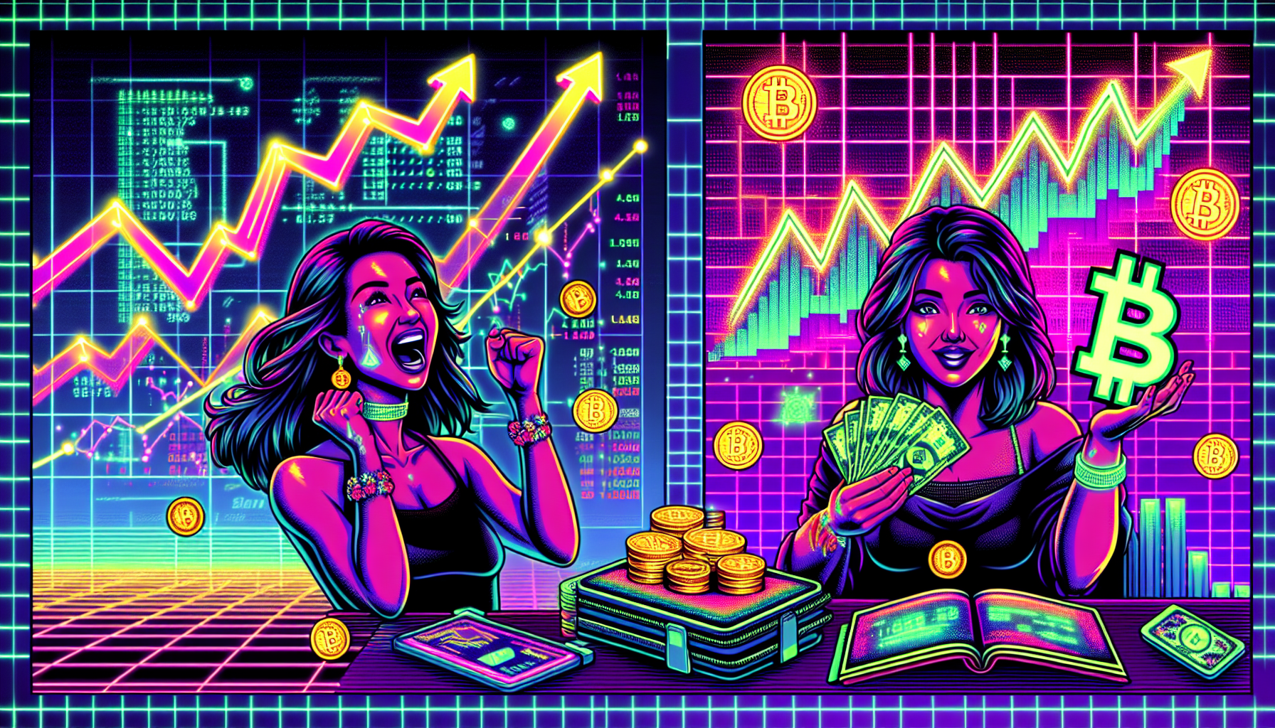 Create an illustration of a dynamic cryptocurrency trading scene. On one side, depict a trader experiencing the high rewards of successful high leverage trading, showing excitement, charts with soaring upward trends, and a growing digital wallet. On the other side, show the potential risks, with a different trader facing stress, downward spiraling charts, red numbers, and a draining wallet. The background should blend futuristic digital elements, highlighting the volatility and high stakes of the crypto market.