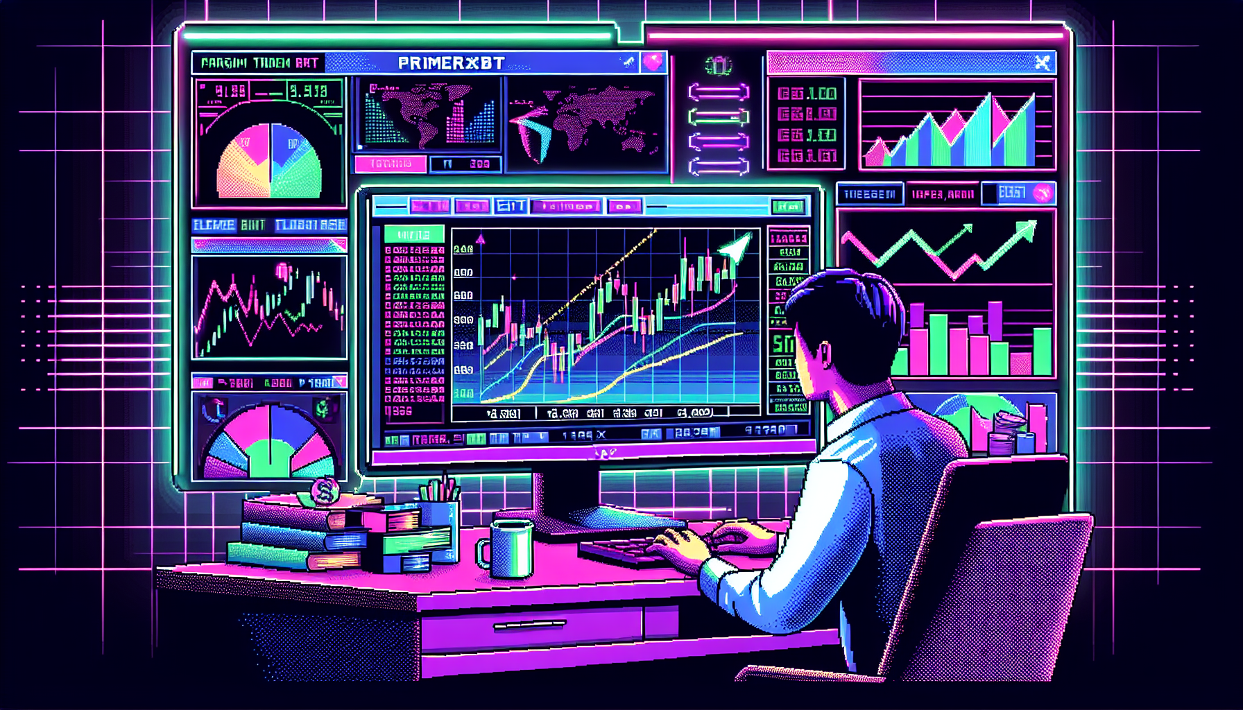 Create a detailed digital illustration of a modern, sleek trading platform on a computer screen labeled PrimeXBT. The scene should show various financial charts, graphs, and data indicators, highlighting margin trading activities. In the foreground, a confident trader is seen focusing on the screen, with a cup of coffee and some trading notes on the desk. The background should give the feel of a high-tech, sophisticated workspace, emphasizing the theme of maximizing investments through advanced trading tools. Add a few elements that symbolize financial growth, such as upward-pointing arrows and growing stacks of coins.