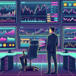 Create a detailed image of a modern, high-tech cryptocurrency trading platform. The scene should include graphs and charts with fluctuating prices, a user interface showcasing different cryptocurrencies, and options for leverage trading. The background should feature a professional trader in a futuristic office setting with multiple screens, indicating a high-stakes trading environment.