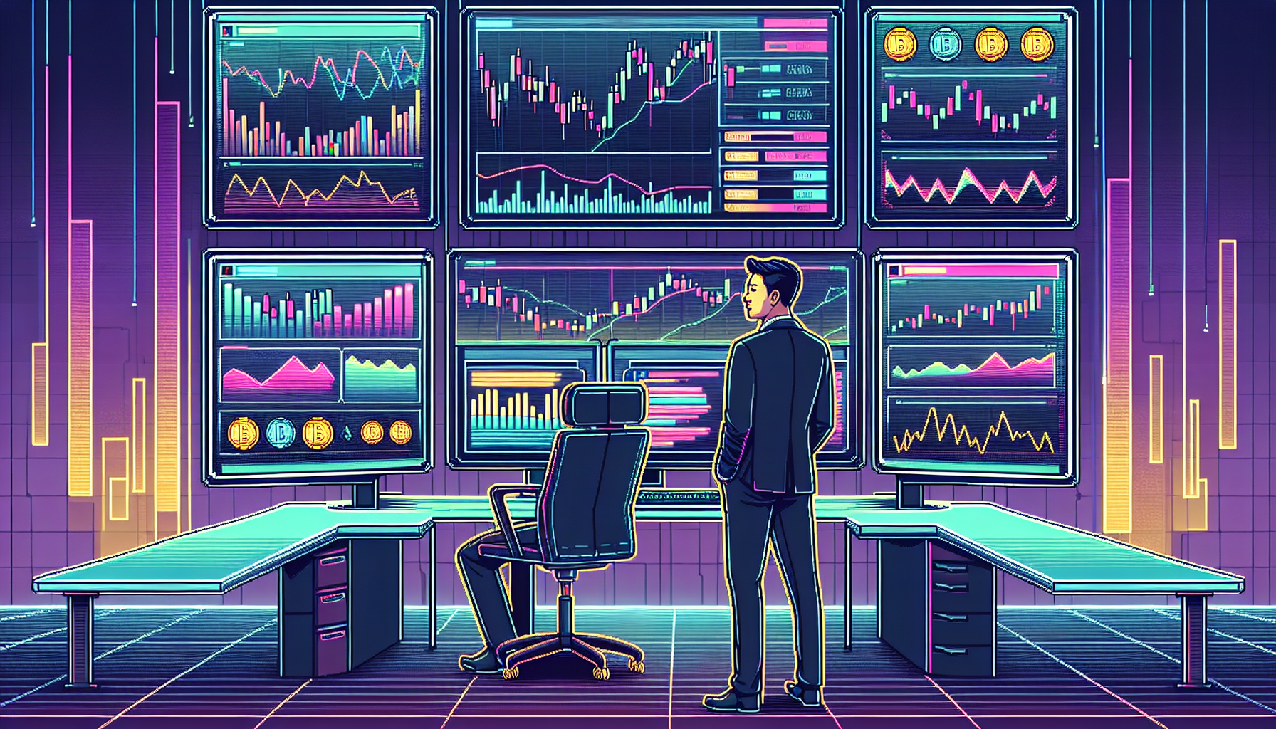 Create a detailed image of a modern, high-tech cryptocurrency trading platform. The scene should include graphs and charts with fluctuating prices, a user interface showcasing different cryptocurrencies, and options for leverage trading. The background should feature a professional trader in a futuristic office setting with multiple screens, indicating a high-stakes trading environment.