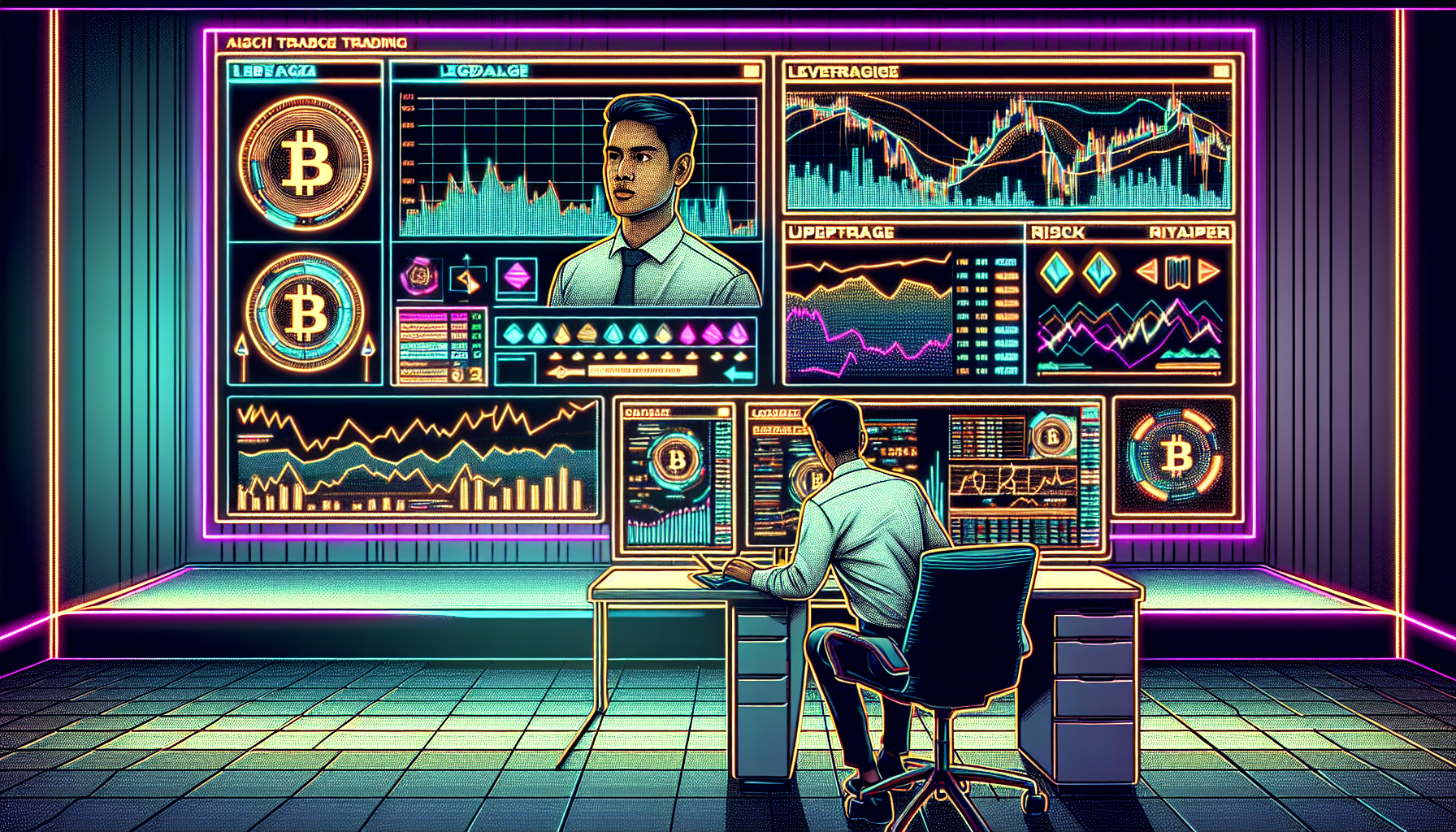 Create an image of a futuristic trading platform with multiple screens displaying cryptocurrency charts, graphs, and analytics. The setting should be a modern, sleek office with a professional trader using advanced technology. Include visual elements that highlight leverage trading, such as magnified graphs showing large profit potential and risk indicators. The overall atmosphere should convey innovation, expertise, and high-stakes financial trading.