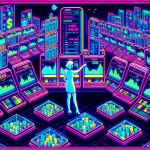 Create an image of a futuristic digital marketplace with various trading booths representing different crypto exchanges. Each booth has a digital display showing high leverage ratios. In the center, place a trader with an advanced holographic interface, comparing the leverage options across different exchanges. The background should be filled with interconnected blockchain symbols and charts displaying fluctuating cryptocurrency values.