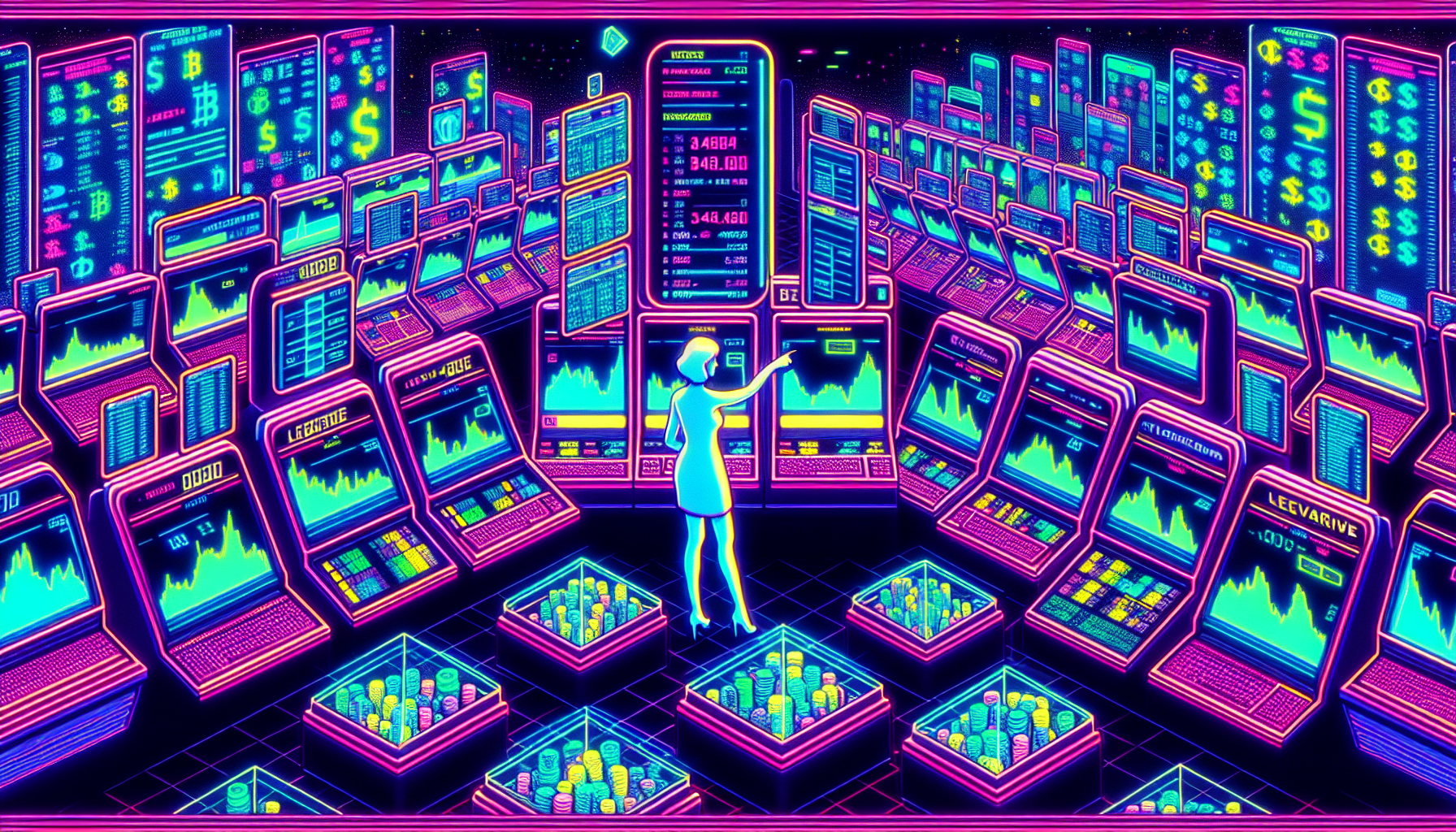 Create an image of a futuristic digital marketplace with various trading booths representing different crypto exchanges. Each booth has a digital display showing high leverage ratios. In the center, place a trader with an advanced holographic interface, comparing the leverage options across different exchanges. The background should be filled with interconnected blockchain symbols and charts displaying fluctuating cryptocurrency values.