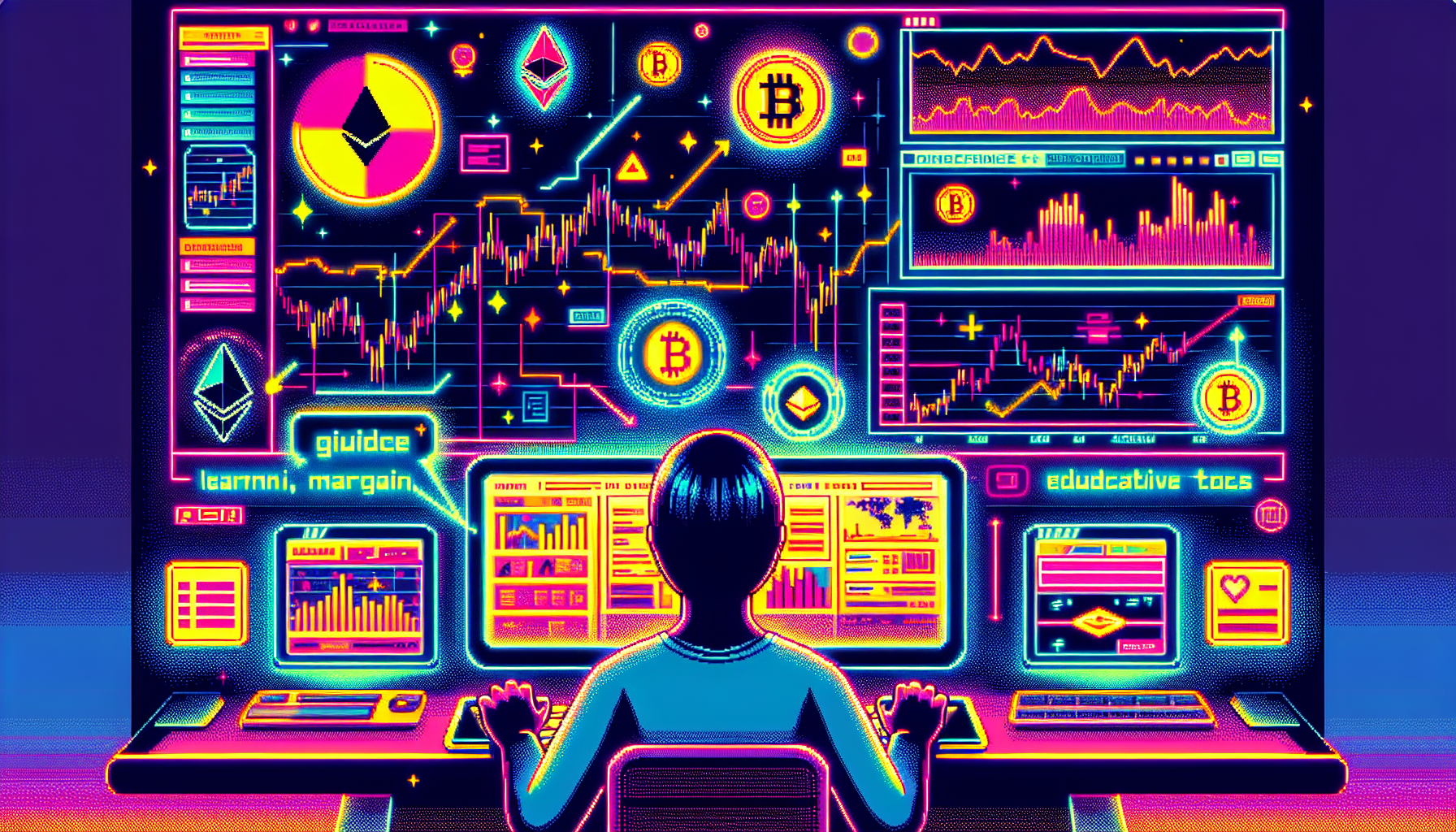 Create an image showing a dynamic and modern digital interface where a person is trading cryptocurrency with margin. The scene should feature charts, graphs, and crypto symbols (like Bitcoin, Ethereum) on multiple monitors. The background should convey a sense of a high-tech, futuristic environment. Include elements that suggest guidance or a learning process, such as highlighted tips or floating icons that represent educational tools.