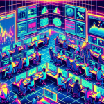 Create an image that showcases the modern and dynamic environment of Crypto.com margin trading. Depict a futuristic trading floor with digital screens displaying various cryptocurrency charts and trends. Include traders intensely analyzing data on computers, talking into headsets, and using holographic interfaces. Make sure to incorporate elements like leverage ratios and detailed graphs to emphasize the margin trading aspect. The overall aesthetic should be sleek, high-tech, and vibrant, reflecting innovation in the cryptocurrency world.