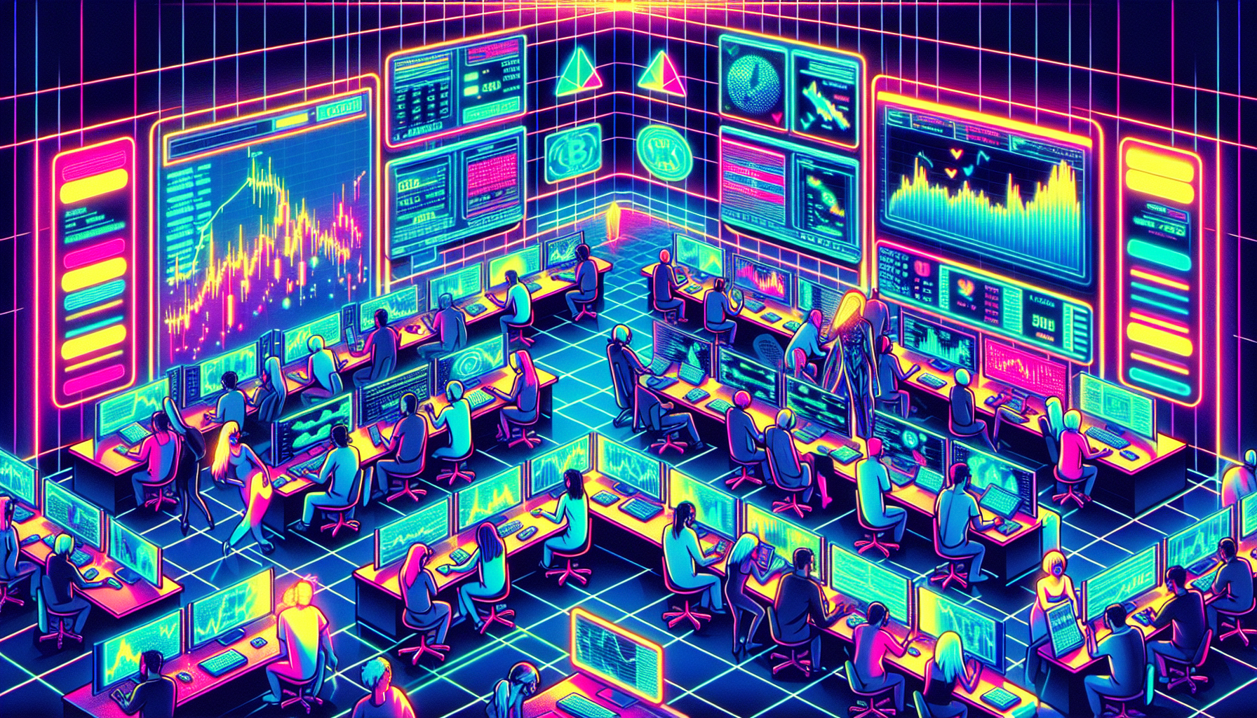 Create an image that showcases the modern and dynamic environment of Crypto.com margin trading. Depict a futuristic trading floor with digital screens displaying various cryptocurrency charts and trends. Include traders intensely analyzing data on computers, talking into headsets, and using holographic interfaces. Make sure to incorporate elements like leverage ratios and detailed graphs to emphasize the margin trading aspect. The overall aesthetic should be sleek, high-tech, and vibrant, reflecting innovation in the cryptocurrency world.