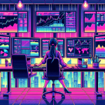 A detailed illustration depicting a professional trader in a modern office environment using multiple screens to navigate Kraken's leverage trading platform. The monitors display charts, graphs, and various trading tools, with emphasis on the leverage options. In the background, a futuristic city skyline is visible through large windows.