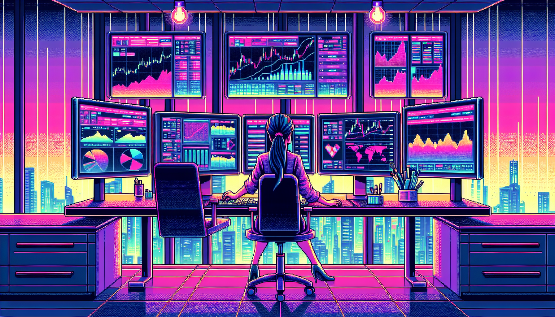 A detailed illustration depicting a professional trader in a modern office environment using multiple screens to navigate Kraken's leverage trading platform. The monitors display charts, graphs, and various trading tools, with emphasis on the leverage options. In the background, a futuristic city skyline is visible through large windows.