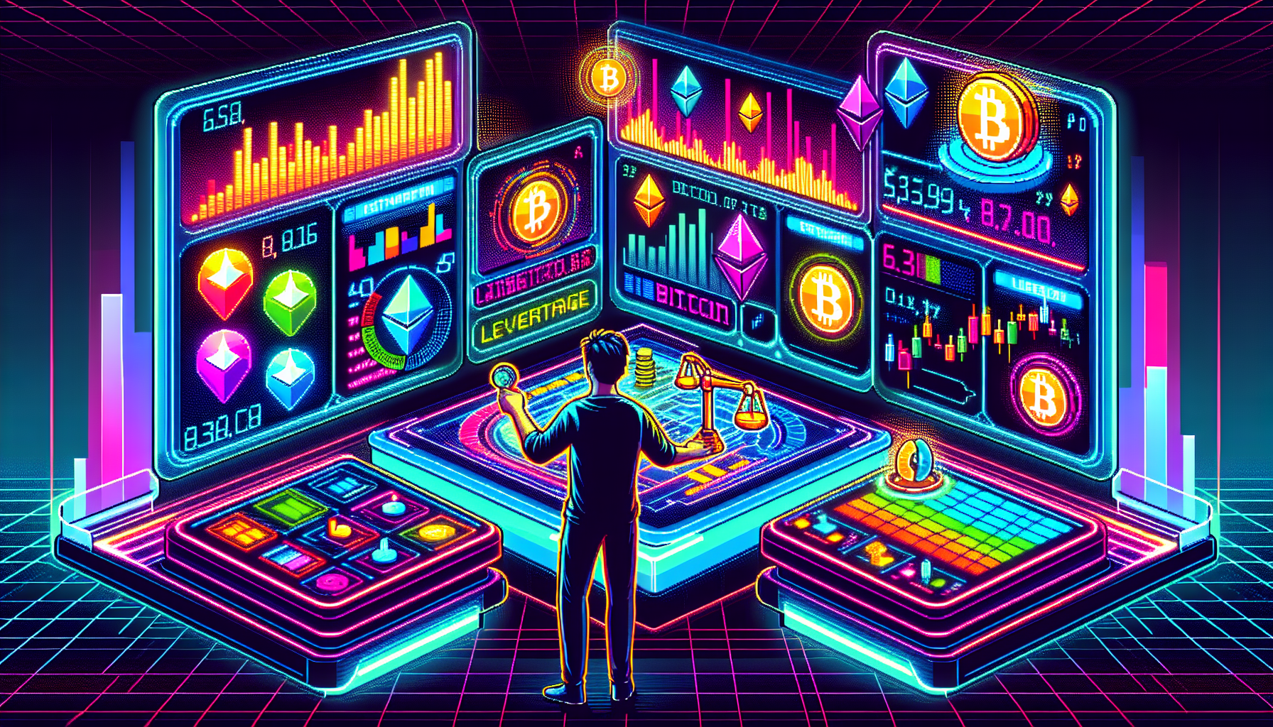 Create an image of a vibrant, futuristic financial trading platform with glowing holographic charts, graphs, and interfaces. In the center, a trader is actively engaging with the platform, surrounded by symbols of popular cryptocurrencies like Bitcoin and Ethereum. Show a visual representation of leverage, such as a scale or lever, illustrating the concept of maximizing gains. The background should convey a high-tech, digital atmosphere with a dynamic, energetic feel.