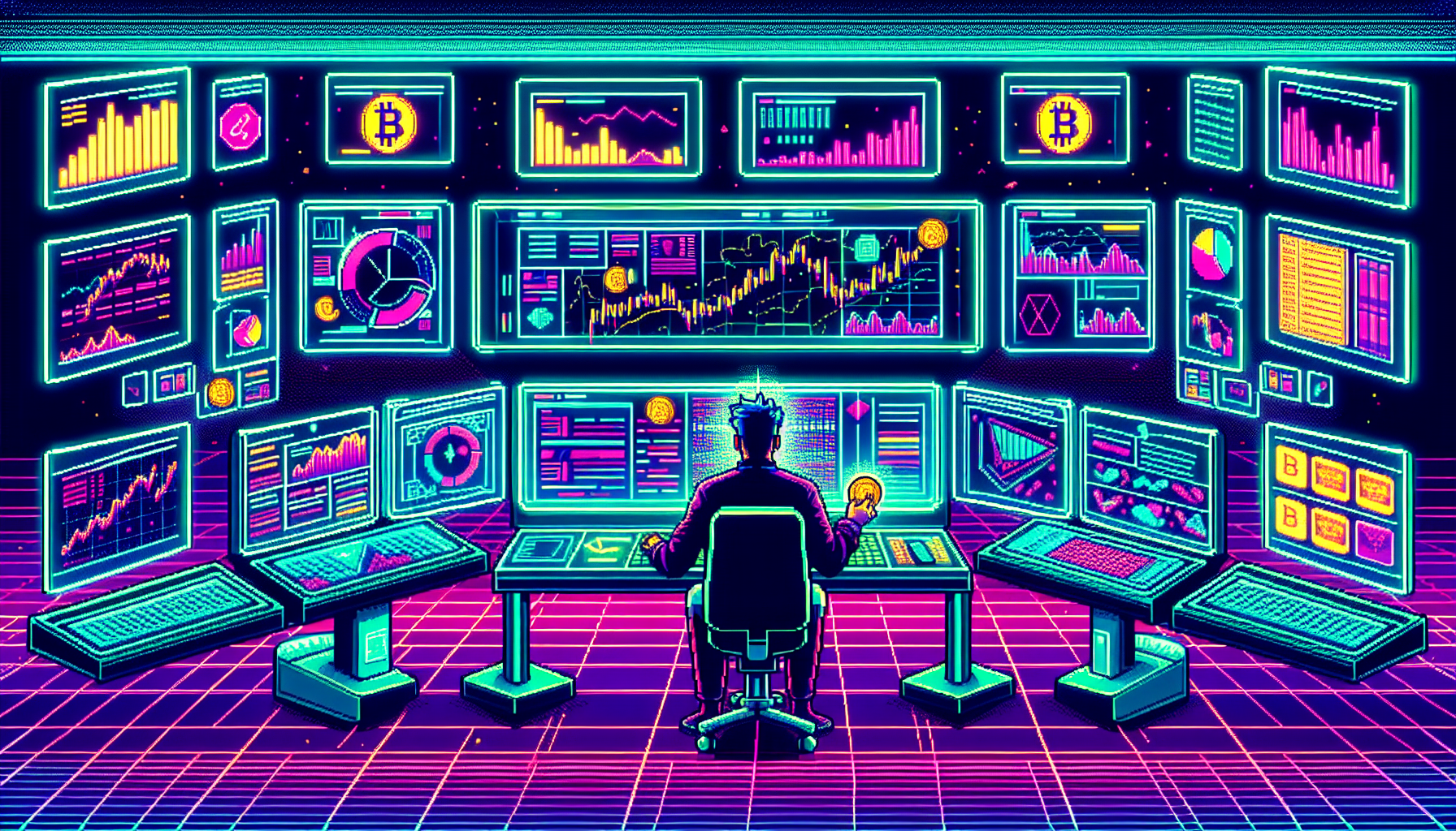 Create a high-energy, futuristic illustration of a crypto trader working at a multi-screen setup displaying charts and graphs with vibrant, dynamic visuals. The trader is surrounded by holographic interfaces, depicting leverage tools and cryptocurrency symbols like Bitcoin and Ethereum. The atmosphere exudes excitement and intensity, with bright neon lights reflecting the fast-paced world of leveraged crypto trading.