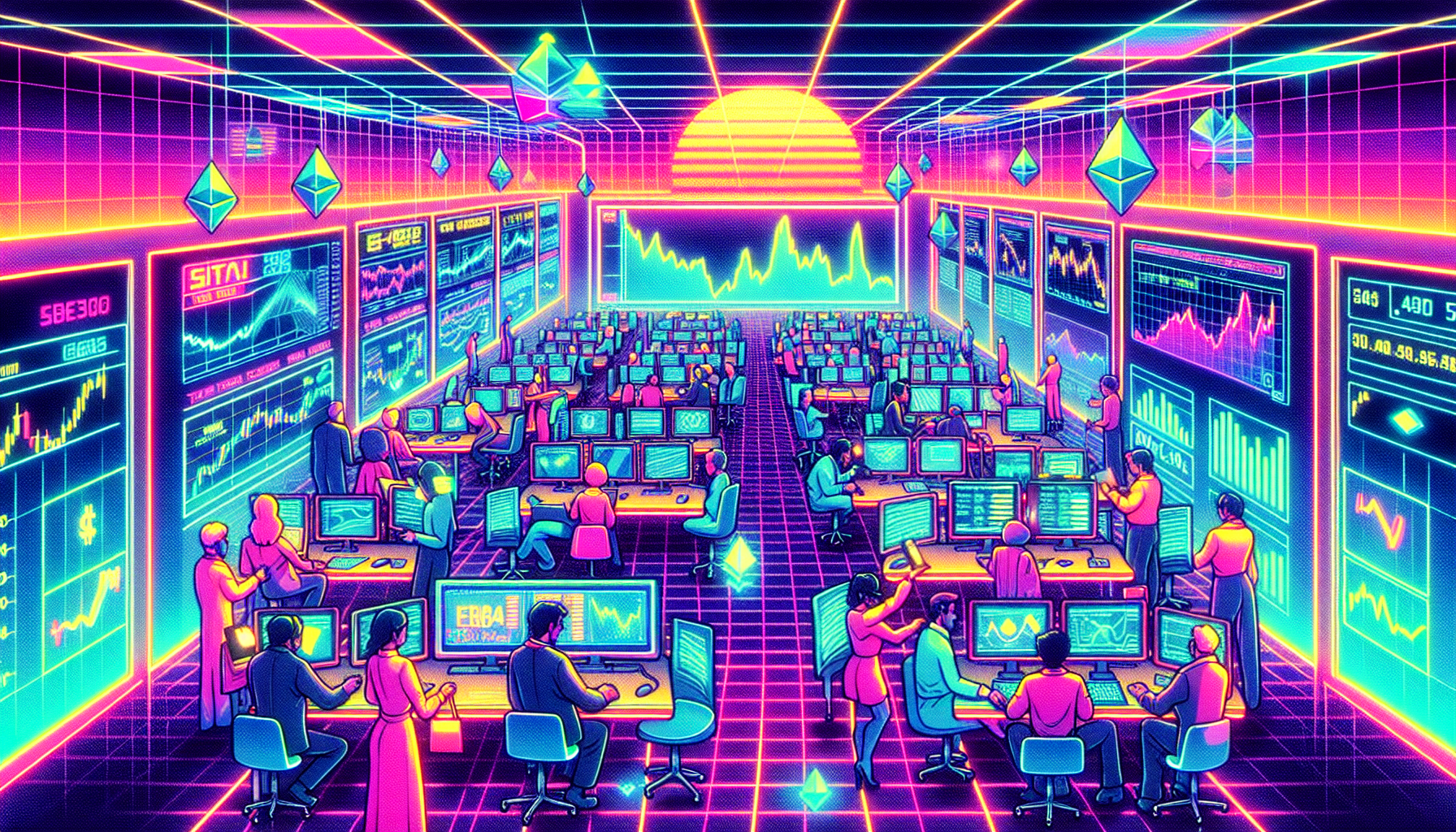 Create an image of a futuristic digital trading floor filled with holographic charts, where traders are using advanced computer interfaces to manage their cryptocurrency portfolios with leverage. Include elements that signify financial growth and strategy, such as rising graphs, Bitcoin and Ethereum symbols, and a secure trading environment.