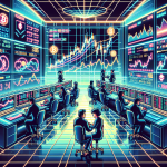 Create a futuristic digital illustration of traders in a sleek, high-tech financial control room filled with holographic charts and graphs showing cryptocurrency trends. The atmosphere should be intense and energetic, with traders making split-second decisions. Emphasize the concept of maximizing gains and navigating the challenges of 100x leverage trading. Include digital representations of popular cryptocurrencies like Bitcoin and Ethereum, and elements symbolizing high stakes and potential rewards.