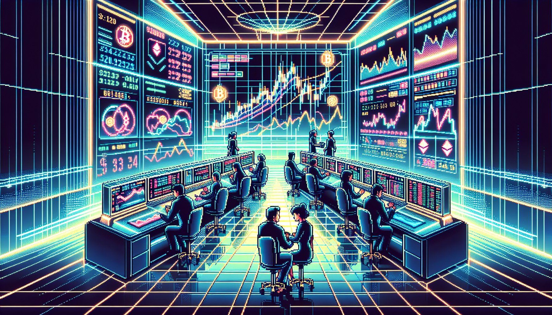 Create a futuristic digital illustration of traders in a sleek, high-tech financial control room filled with holographic charts and graphs showing cryptocurrency trends. The atmosphere should be intense and energetic, with traders making split-second decisions. Emphasize the concept of maximizing gains and navigating the challenges of 100x leverage trading. Include digital representations of popular cryptocurrencies like Bitcoin and Ethereum, and elements symbolizing high stakes and potential rewards.