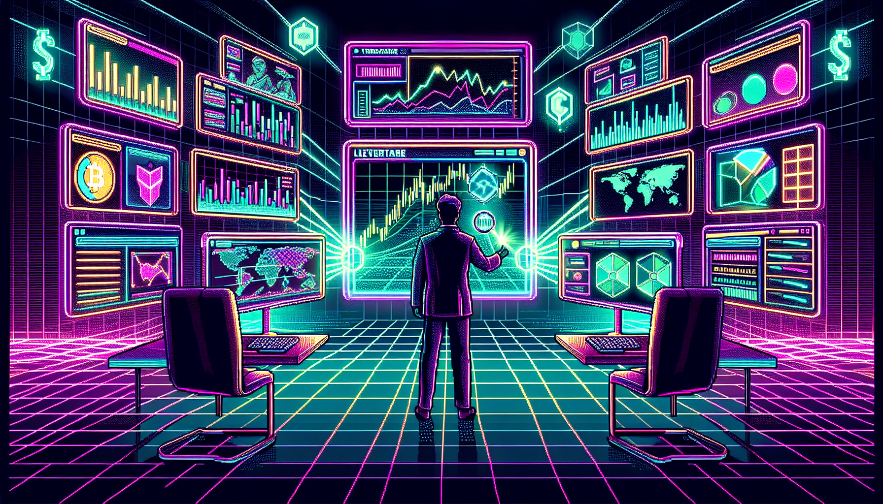 Create an image depicting a futuristic trading platform with holographic user interfaces. The central focus should be a trader, appearing confident and in control, surrounded by charts and graphs displaying various cryptocurrencies. In the backdrop, emphasize the concept of leverage with visual elements such as magnifying glasses or exponential arrows. The overall atmosphere should convey a sense of high-tech sophistication and dynamic market activity.