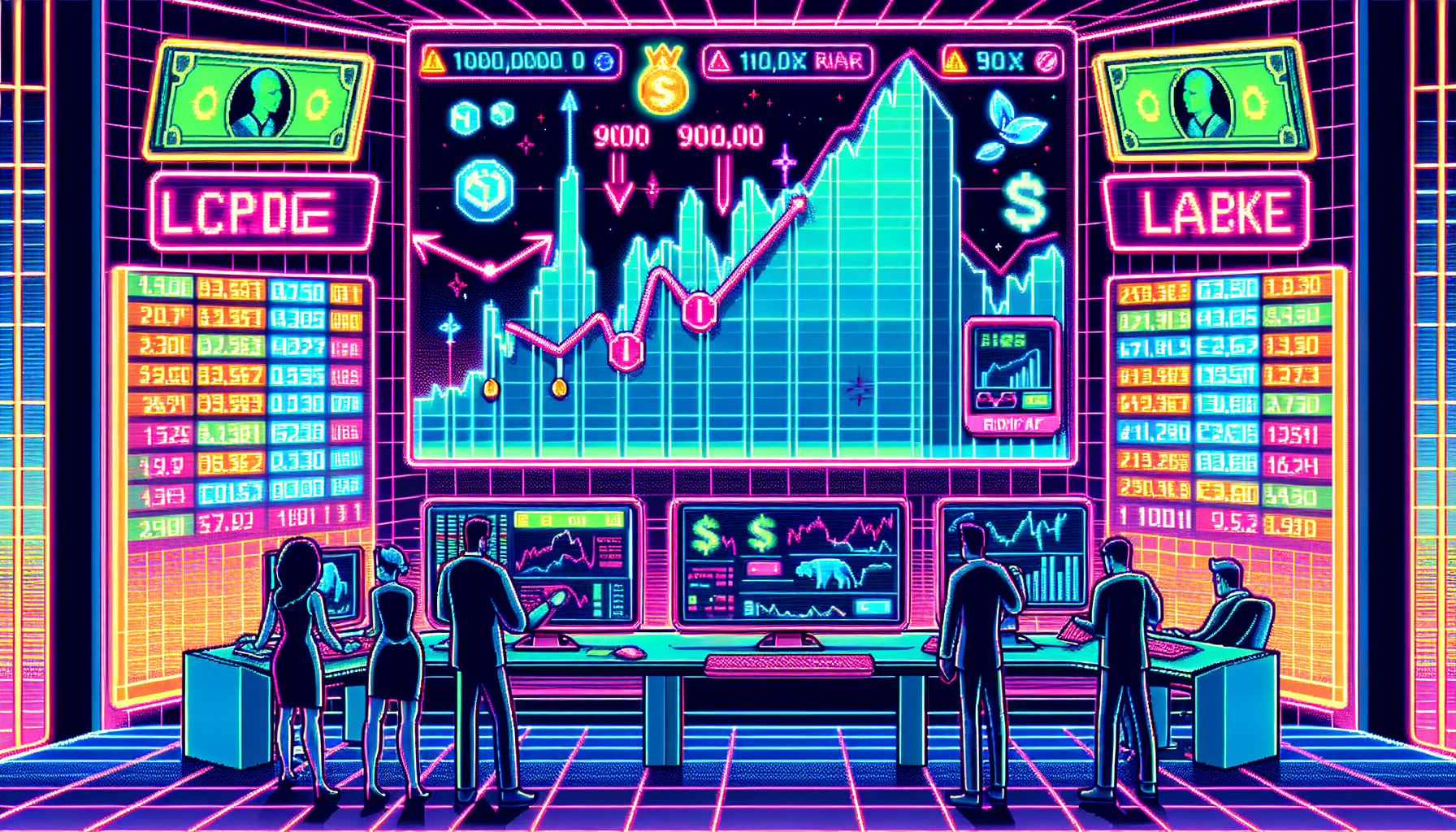 Create an image of a digital finance scene featuring a futuristic crypto exchange platform. Show traders analyzing data with holographic screens displaying fluctuating cryptocurrency prices. Include visual elements that symbolize high risk and high reward, such as a roller coaster graphing an upward and downward trend of crypto values. Integrate warning signs and dollar bills in the scene, emphasizing the concept of 100x leverage trading. The overall ambiance should reflect both excitement and caution.