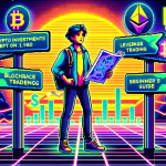 Create an image of a young, enthusiastic person standing at a crossroads with futuristic signposts labeled Crypto Investments, Leverage Trading, and Beginner's Guide. The person holds a map with blockchain patterns on it, looking determined and curious. In the background, illustrate digital financial symbols like Bitcoin, Ethereum, and charts to emphasize the cryptocurrency theme. The overall atmosphere should be vibrant and modern, reflecting the excitement and potential of the crypto world.