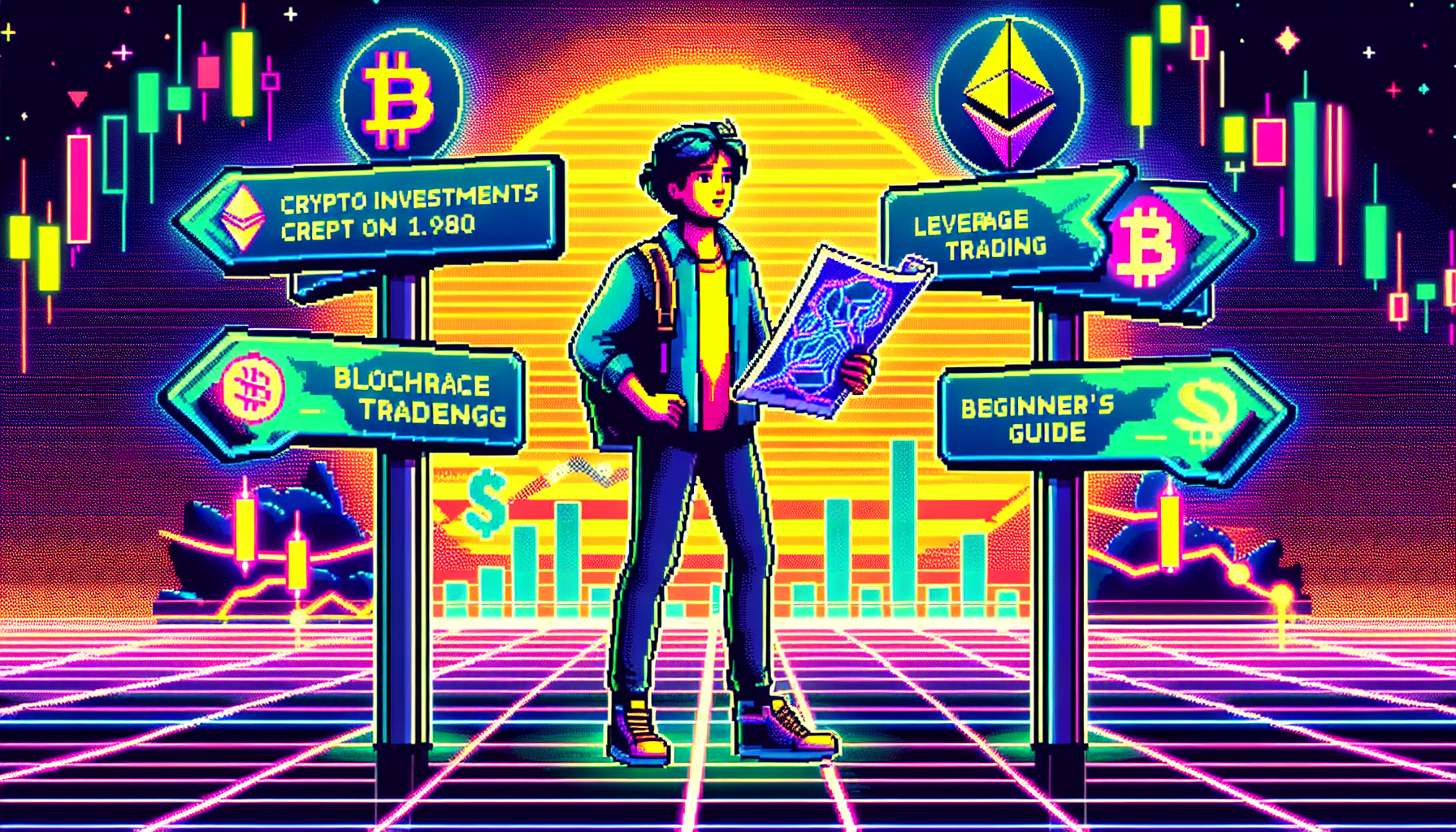 Create an image of a young, enthusiastic person standing at a crossroads with futuristic signposts labeled Crypto Investments, Leverage Trading, and Beginner's Guide. The person holds a map with blockchain patterns on it, looking determined and curious. In the background, illustrate digital financial symbols like Bitcoin, Ethereum, and charts to emphasize the cryptocurrency theme. The overall atmosphere should be vibrant and modern, reflecting the excitement and potential of the crypto world.