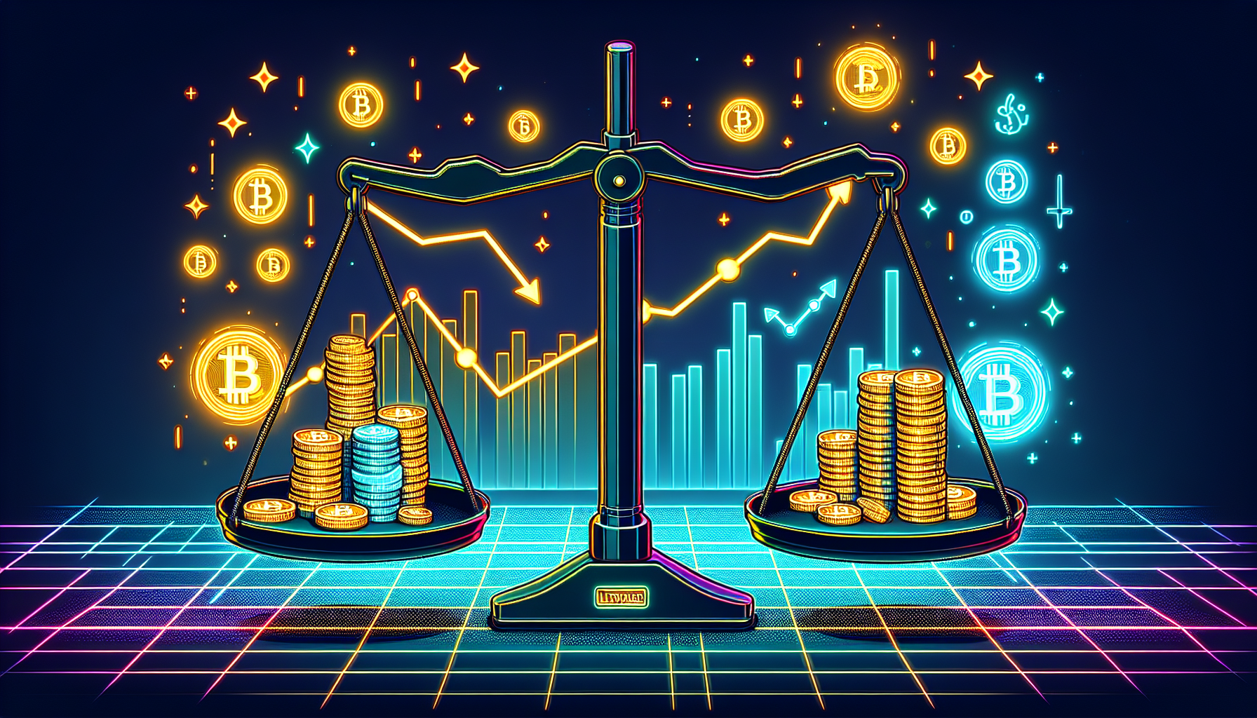 Create an image illustrating the concept of buying cryptocurrency with leverage. Depict a digital scale balancing bitcoins on one side and stacks of cash with a 'leverage' label on the other. Surround the scale with icons representing pros (such as growth charts, profit symbols) and cons (such as risk warnings, falling graphs). Use a modern, sleek style with a dark background to give it a serious tone.