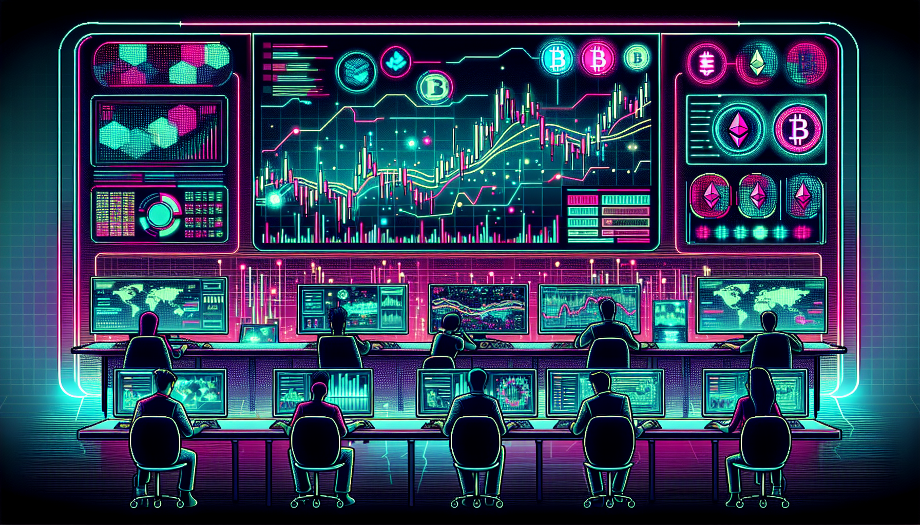 Create a detailed image showcasing a futuristic digital trading platform filled with dynamic graphs, charts, and cryptocurrency symbols (like Bitcoin, Ethereum, and others). Include traders intensely focusing on screens, engaging in activities like buying, selling, and margin trading. In the background, incorporate sleek, modern design elements with high-tech interfaces to emphasize the advanced technology used in cryptocurrency margin trading platforms. Make sure the environment looks professional and cutting-edge, echoing the theme of an ultimate guide to such platforms.