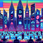 Create an image featuring a futuristic digital city with prominent skyscrapers representing various cryptocurrency exchanges, each adorned with digital tickers and logos. Show a diverse group of traders analyzing holographic screens displaying leverage trading options. Integrate elements of the American flag subtly in the background to signify the USA.