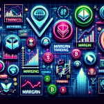 Create an image depicting various popular cryptocurrency trading platforms, each represented by its unique logo, displayed on a futuristic digital interface. Surround the interfaces with dynamic charts, graphs, and detailed margin trading statistics. Ensure the scene conveys the fast-paced, high-stakes nature of crypto margin trading while maintaining a sleek, modern aesthetic.