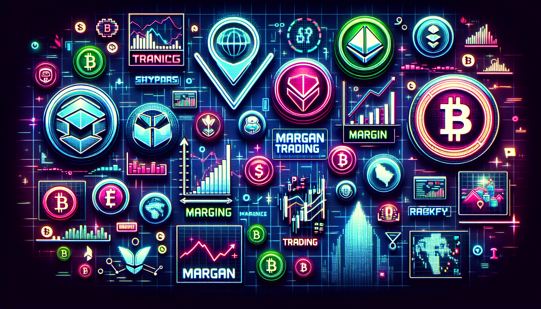 Create an image depicting various popular cryptocurrency trading platforms, each represented by its unique logo, displayed on a futuristic digital interface. Surround the interfaces with dynamic charts, graphs, and detailed margin trading statistics. Ensure the scene conveys the fast-paced, high-stakes nature of crypto margin trading while maintaining a sleek, modern aesthetic.