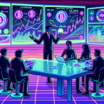 Create an illustration of a futuristic financial trading platform that showcases elements of cryptocurrency trading, highlighting a broker explaining leverage to a group of traders. The setting should be modern and high-tech with holographic charts and graphs depicting leverage ratios, cryptocurrency icons, and market trends. The atmosphere should convey a sense of advanced financial technology and education.