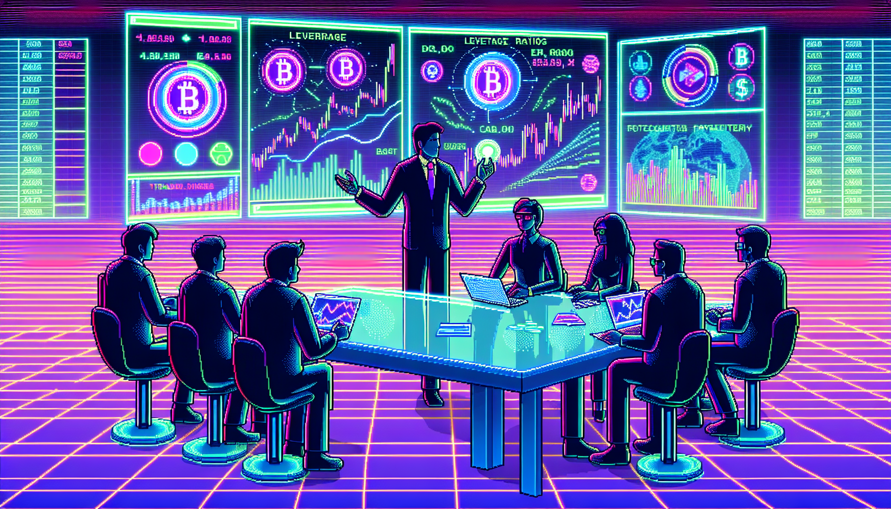 Create an illustration of a futuristic financial trading platform that showcases elements of cryptocurrency trading, highlighting a broker explaining leverage to a group of traders. The setting should be modern and high-tech with holographic charts and graphs depicting leverage ratios, cryptocurrency icons, and market trends. The atmosphere should convey a sense of advanced financial technology and education.