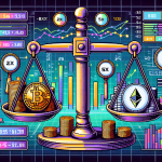 A detailed infographic illustrating the concept of leverage in cryptocurrency exchanges. The image features a balance scale with cryptocurrencies like Bitcoin and Ethereum on one side and magnifying glasses labeled '2x', '5x', '10x', showing different leverage ratios, on the other side. Background elements include charts, graphs, and a futuristic digital interface, emphasizing the analytical and technological aspects of crypto trading.